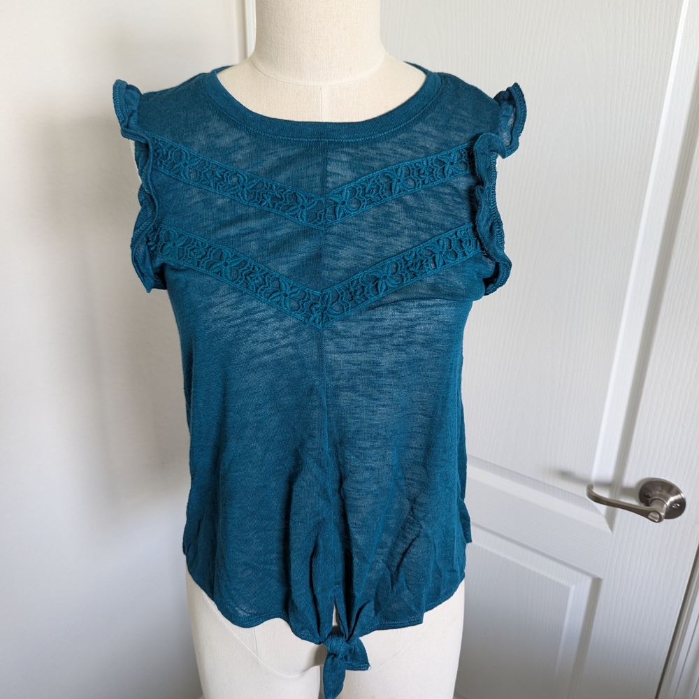 Eyeshadow Blue Flutter Sleeve Ruffled Blouse